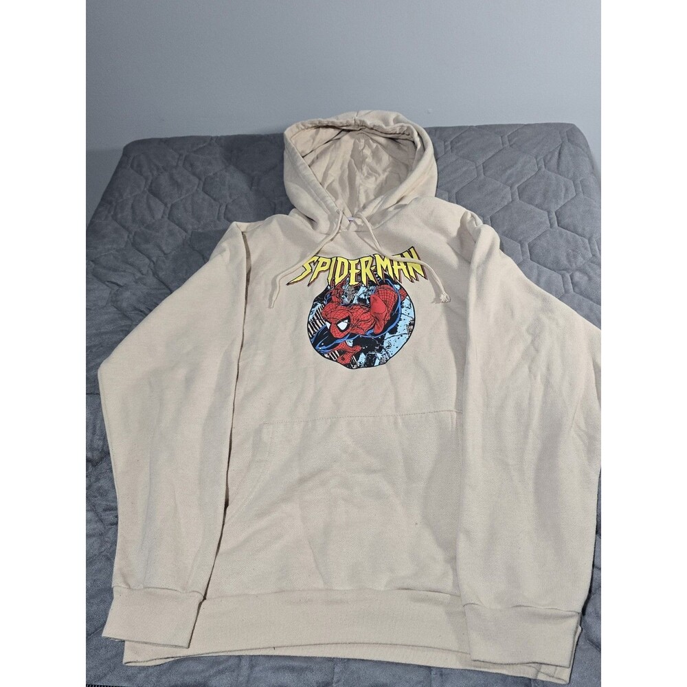 Marvel Spider-Man Graphic Hoodie Med Beige  Comic Book Print Hooded Sweatshirt